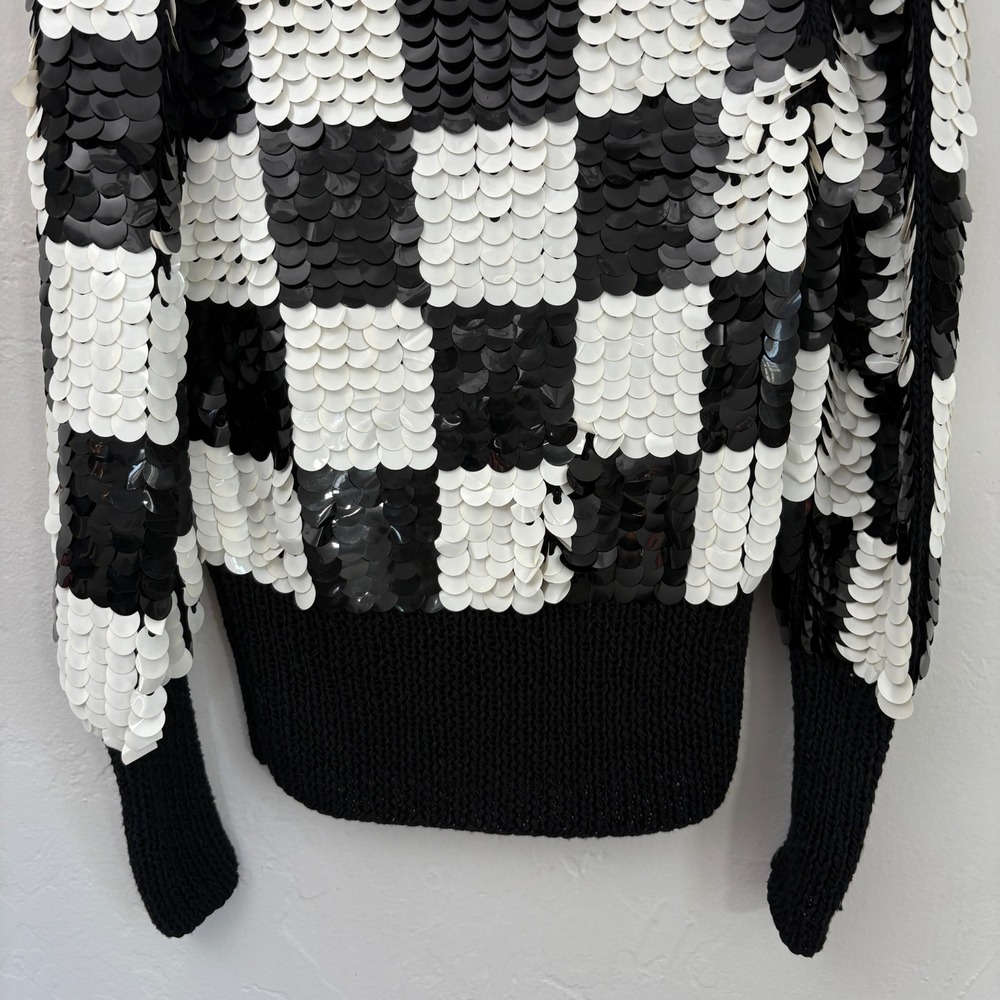 Vintage Sequin Sweater Women Size Small? Black White Checkered Hand Knit Wool - Picture 7 of 11
